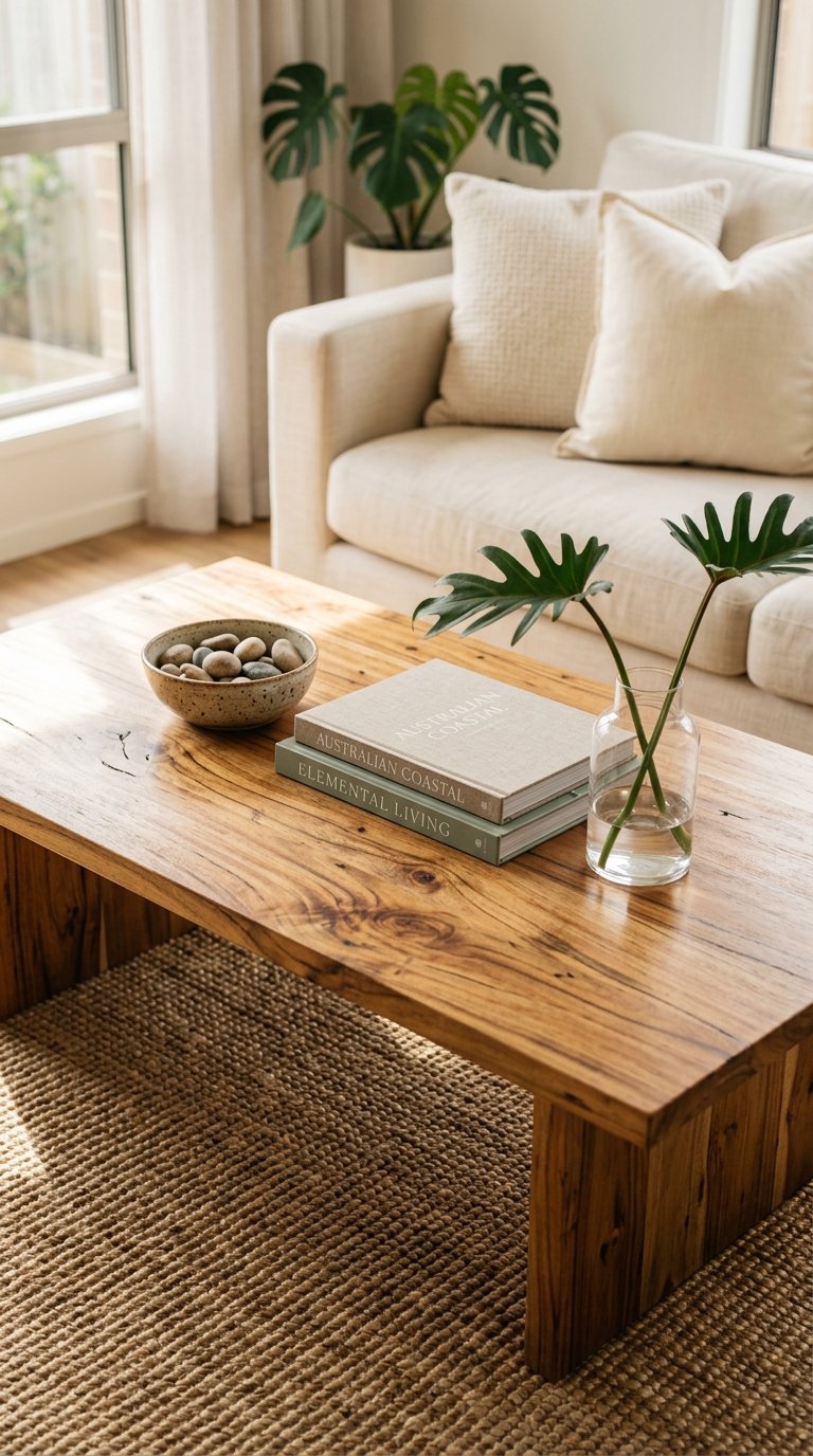 Add a Teak or Acacia Wood Coffee Table