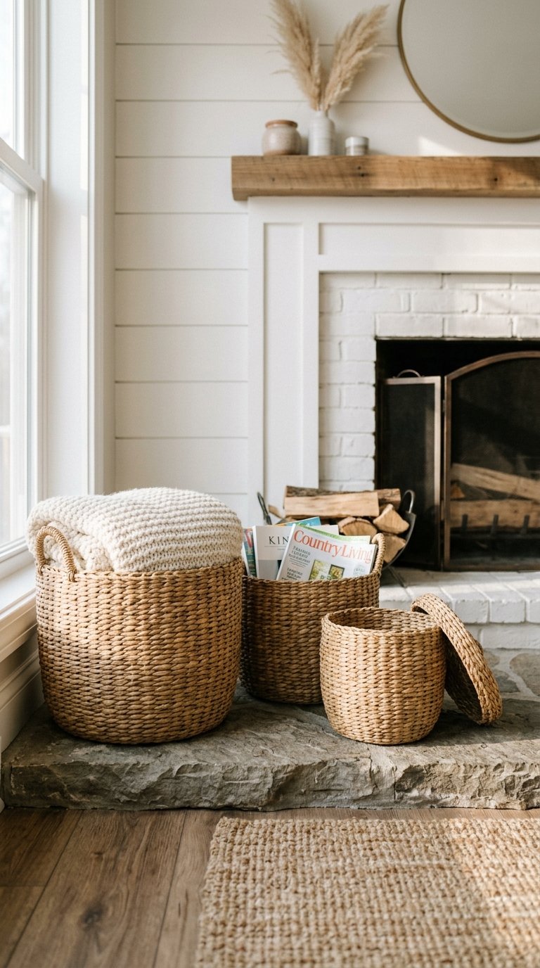 Add a Woven Basket Arrangement on the Hearth Floor