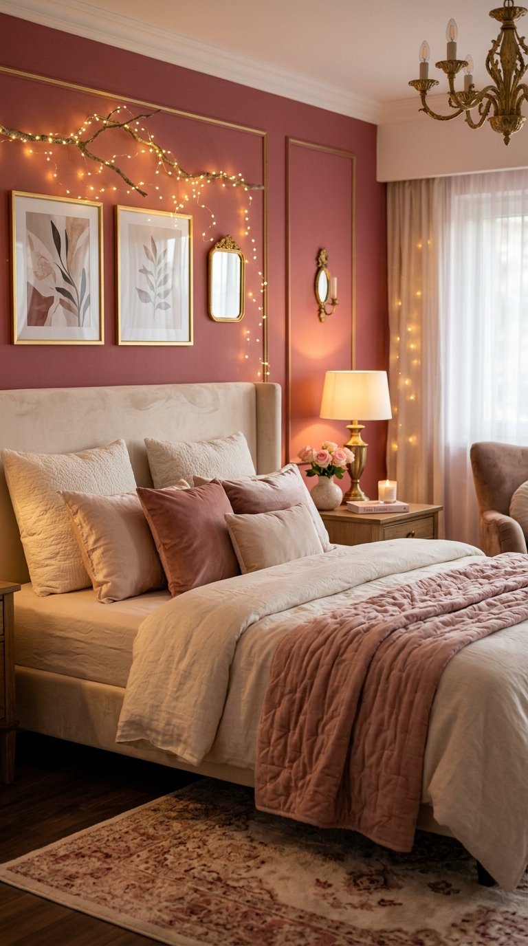 Beauty and the Beast Bedroom With Deep Rose and Gold Tones