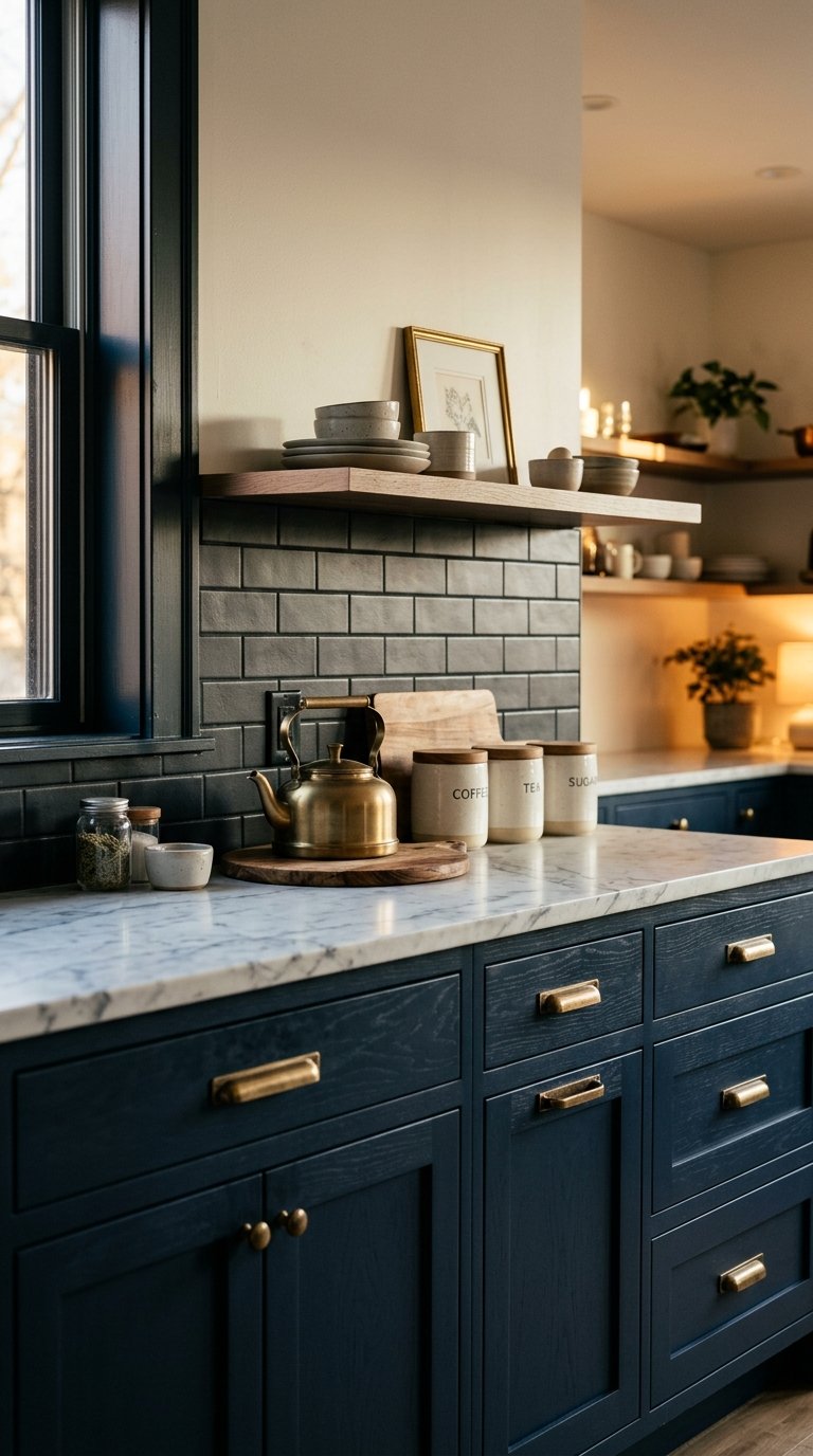 Black Backsplash With Navy Cabinets for a Tonal, Moody Kitchen