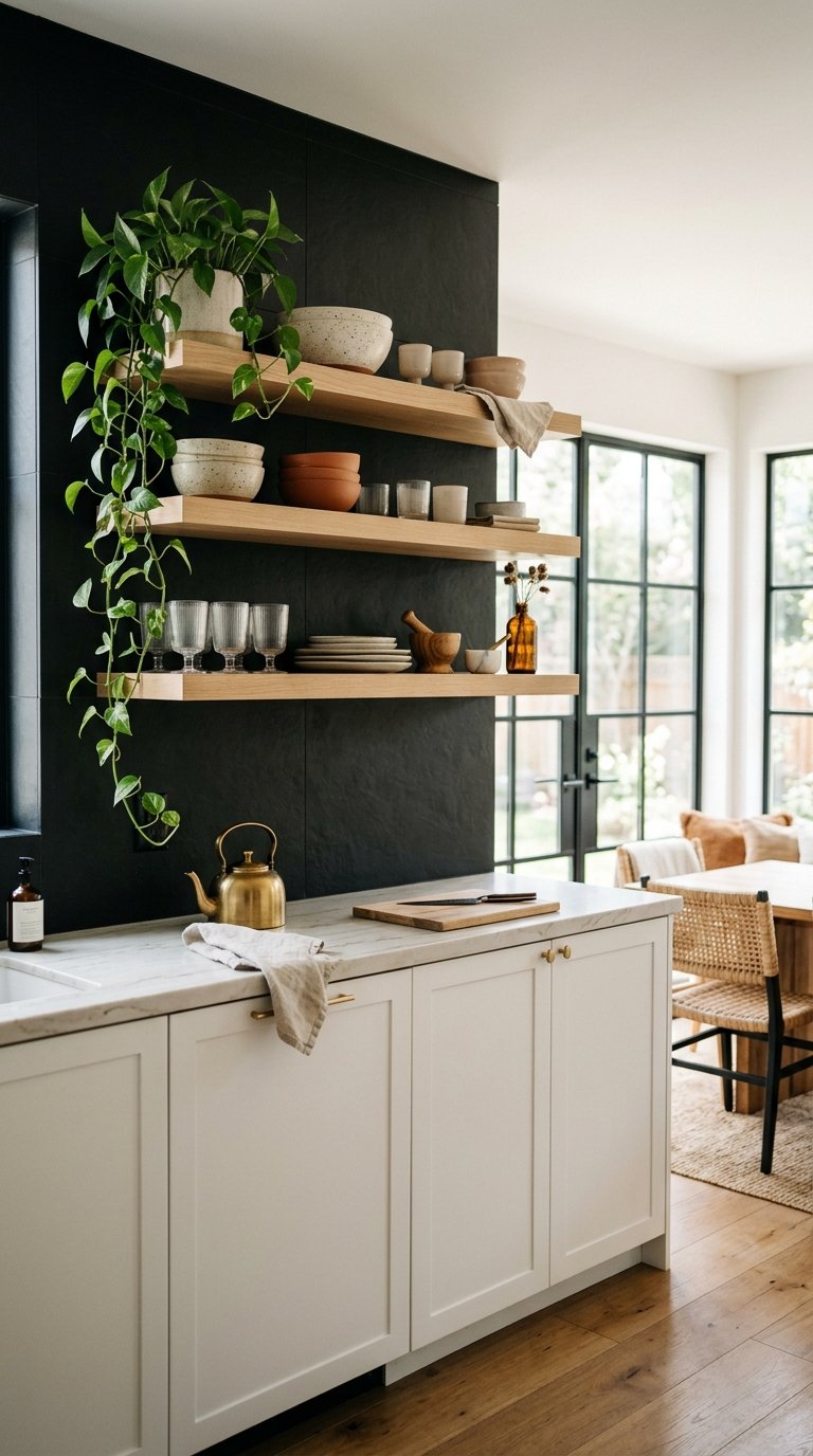 Black Backsplash With Open Shelving for an Editorial Look