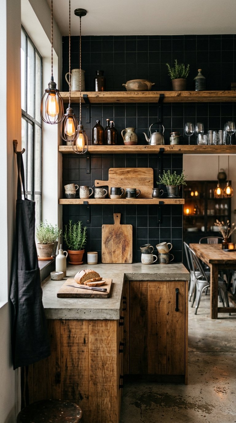 Black Backsplash With Wood Accents for a Warm Industrial Kitchen