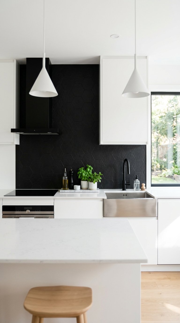 Black Backsplash in an All-White Kitchen for One Bold Surface