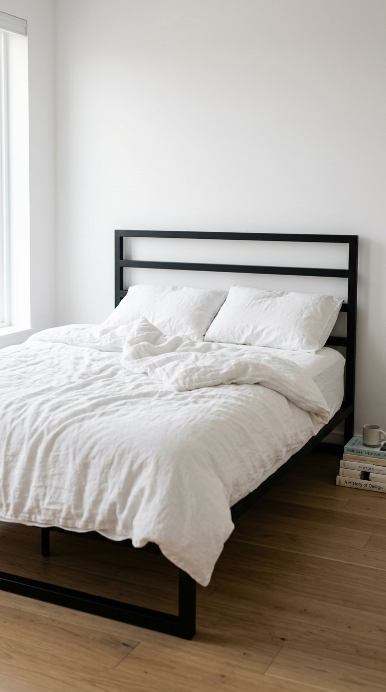 Black Bed Frame With White Linen Bedding