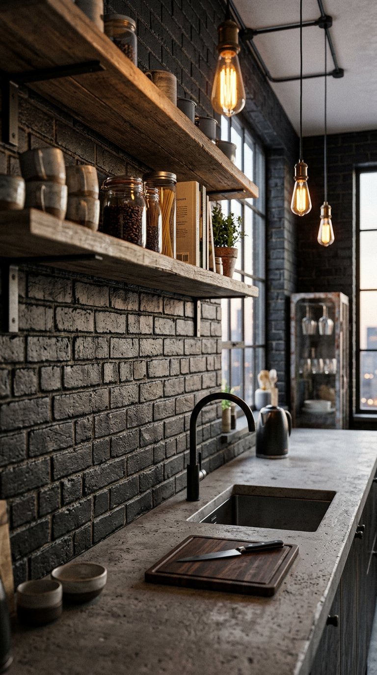 Black Brick Tile Backsplash for an Industrial Kitchen