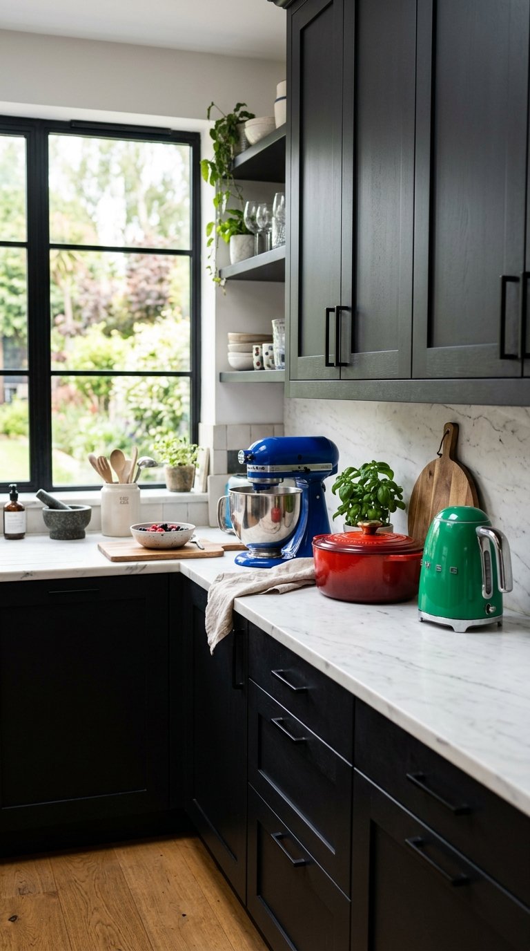 Black Cabinets With Colorful Appliances