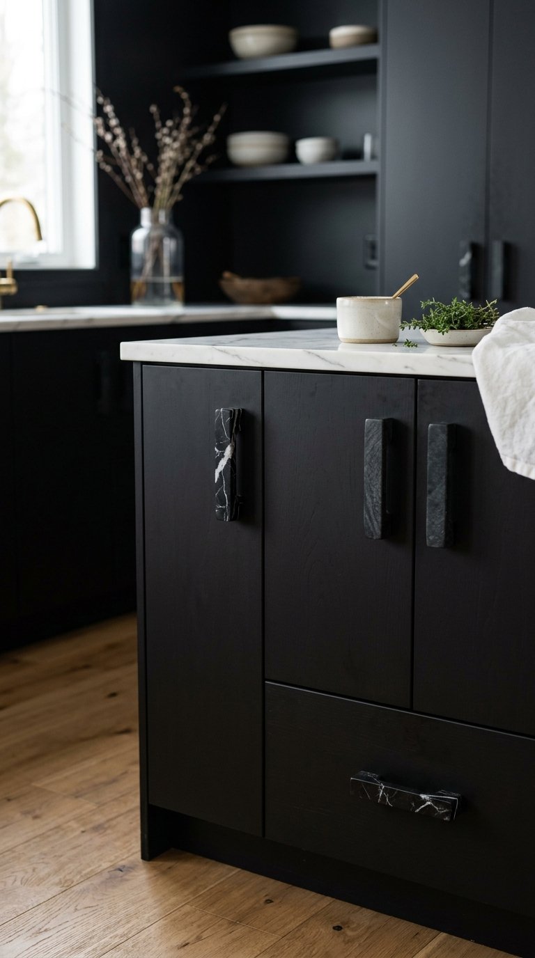 Black Cabinets With Natural Stone Hardware