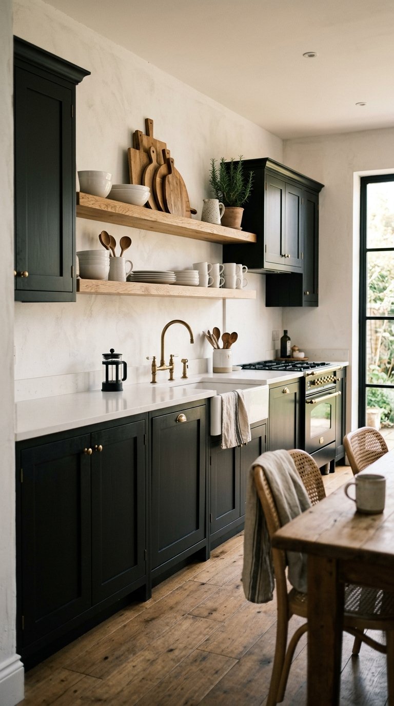 Black Cabinets With Open Shelving