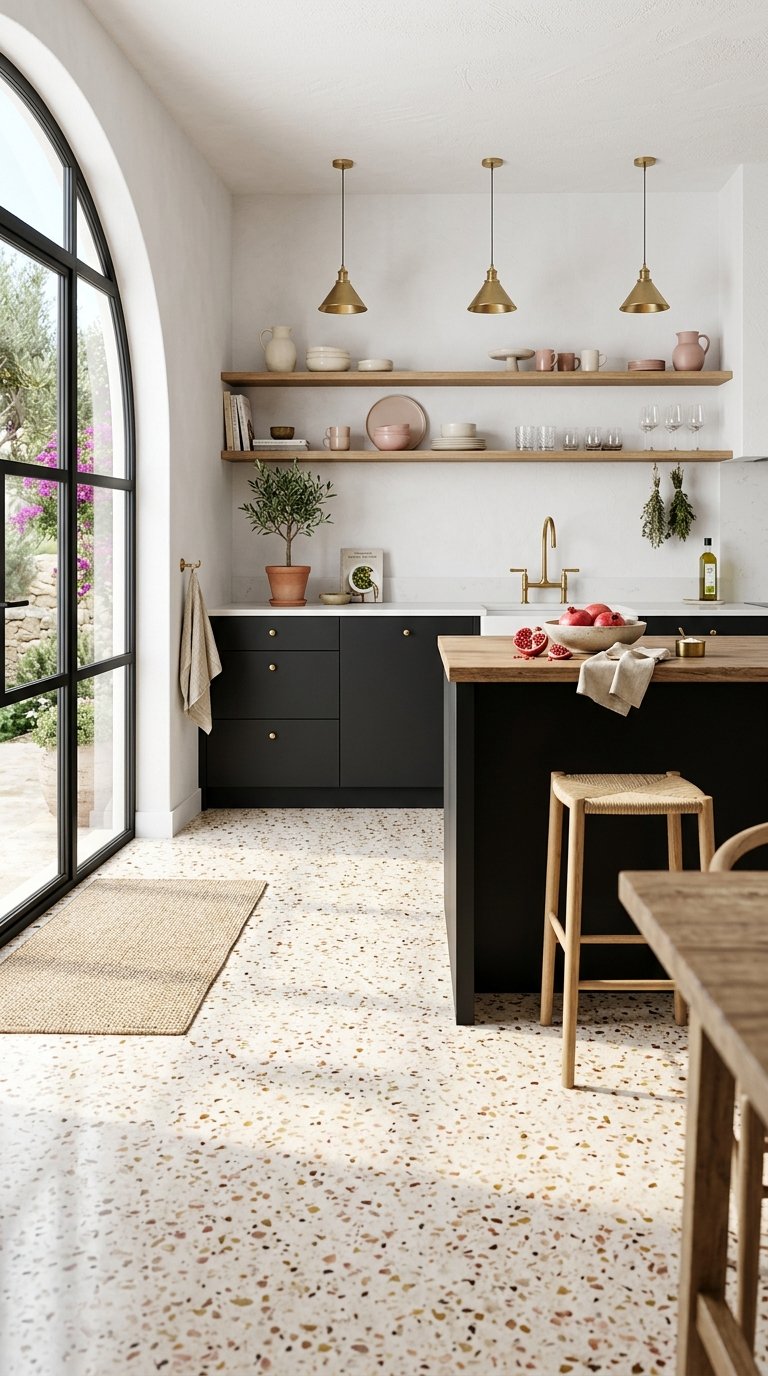 Black Cabinets With Terrazzo Floors