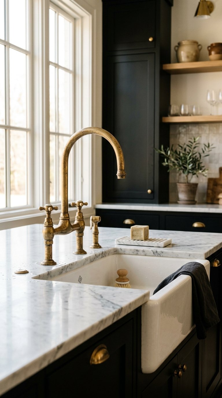 Black Cabinets With Unlacquered Brass Faucets