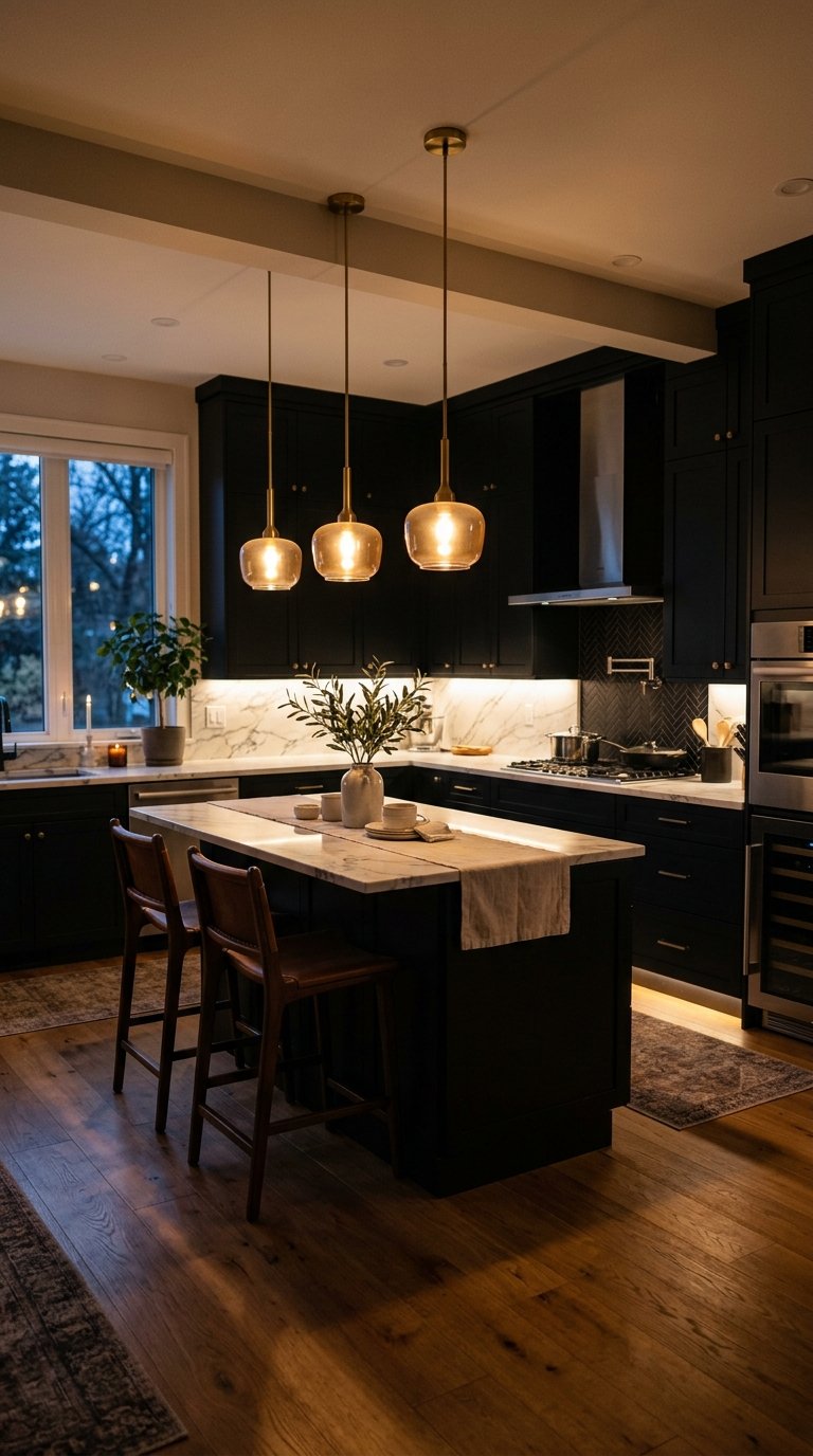 Black Cabinets With Warm Lighting