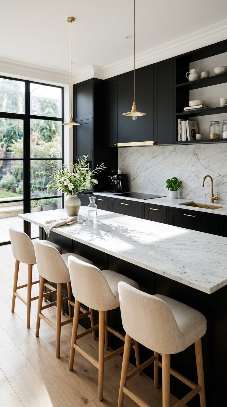 Black Cabinets With White Marble Countertops