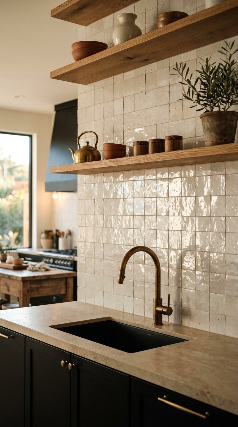 Black Cabinets With Zellige Tile Backsplash