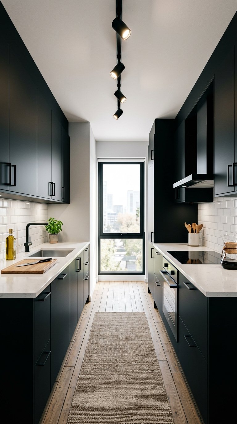 Black Cabinets in a Narrow Galley Kitchen