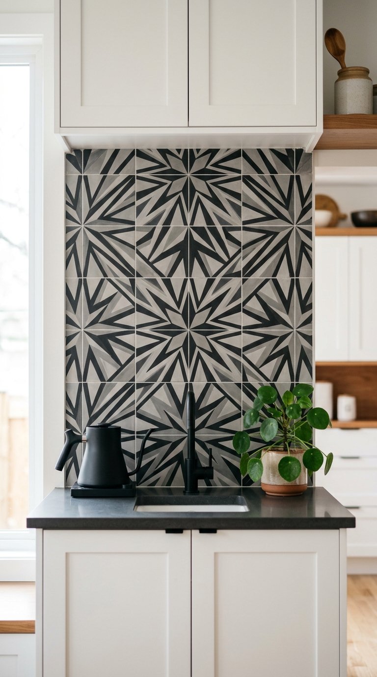  Black Encaustic Cement Tile Backsplash for Bold Pattern