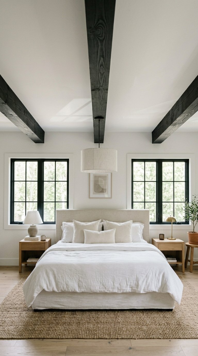 Black Exposed Ceiling Beams in a White Bedroom