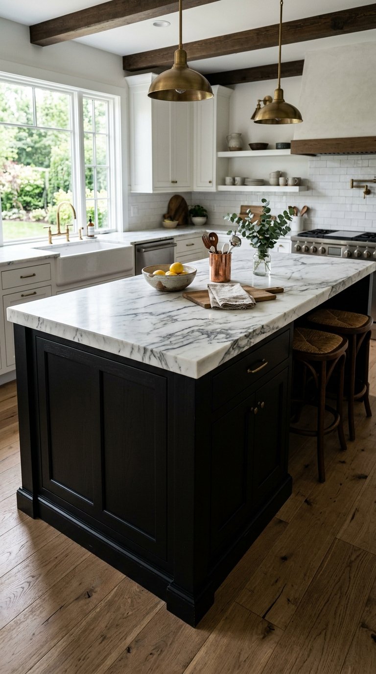 Black Farmhouse Island With White Countertop