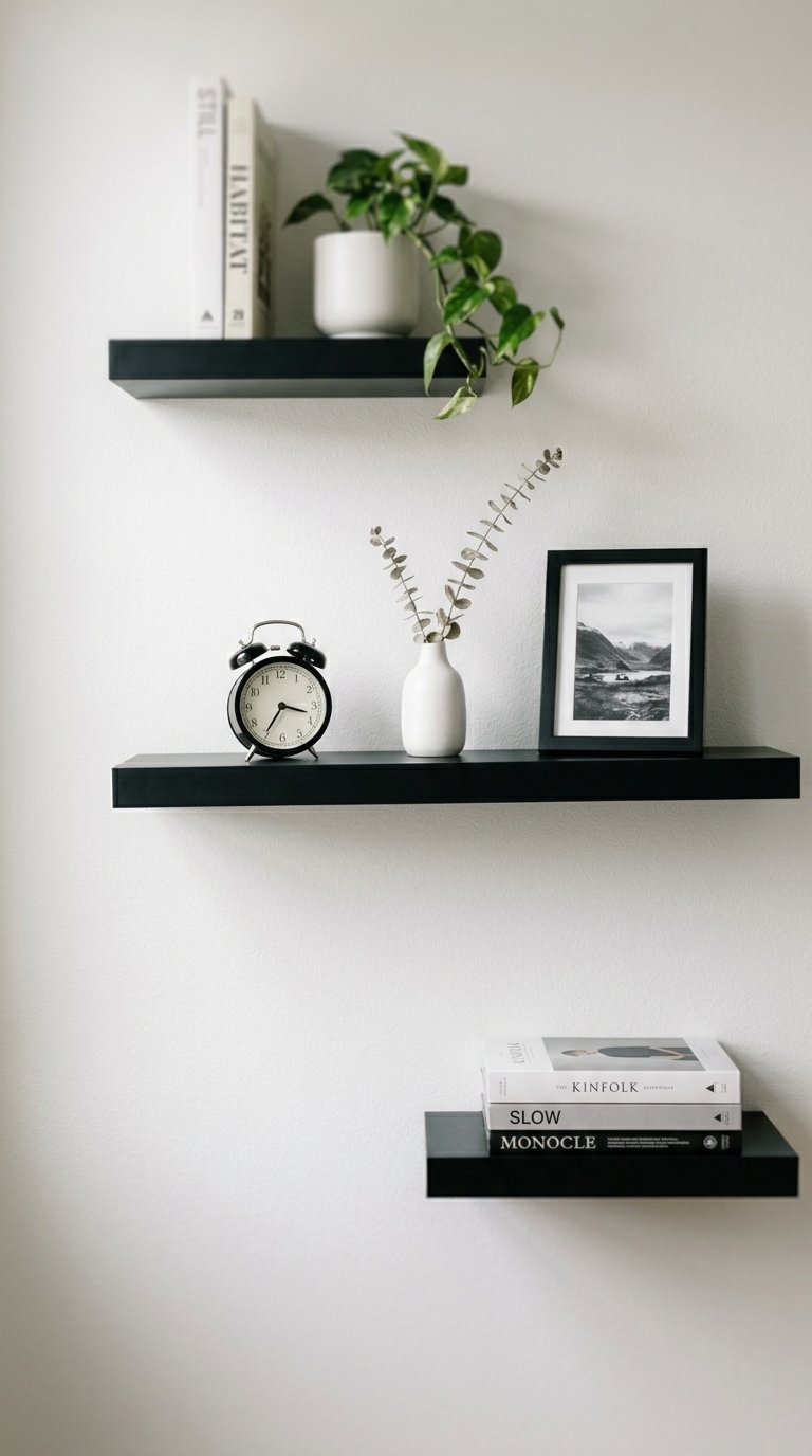 Black Floating Shelves on a White Bedroom Wall
