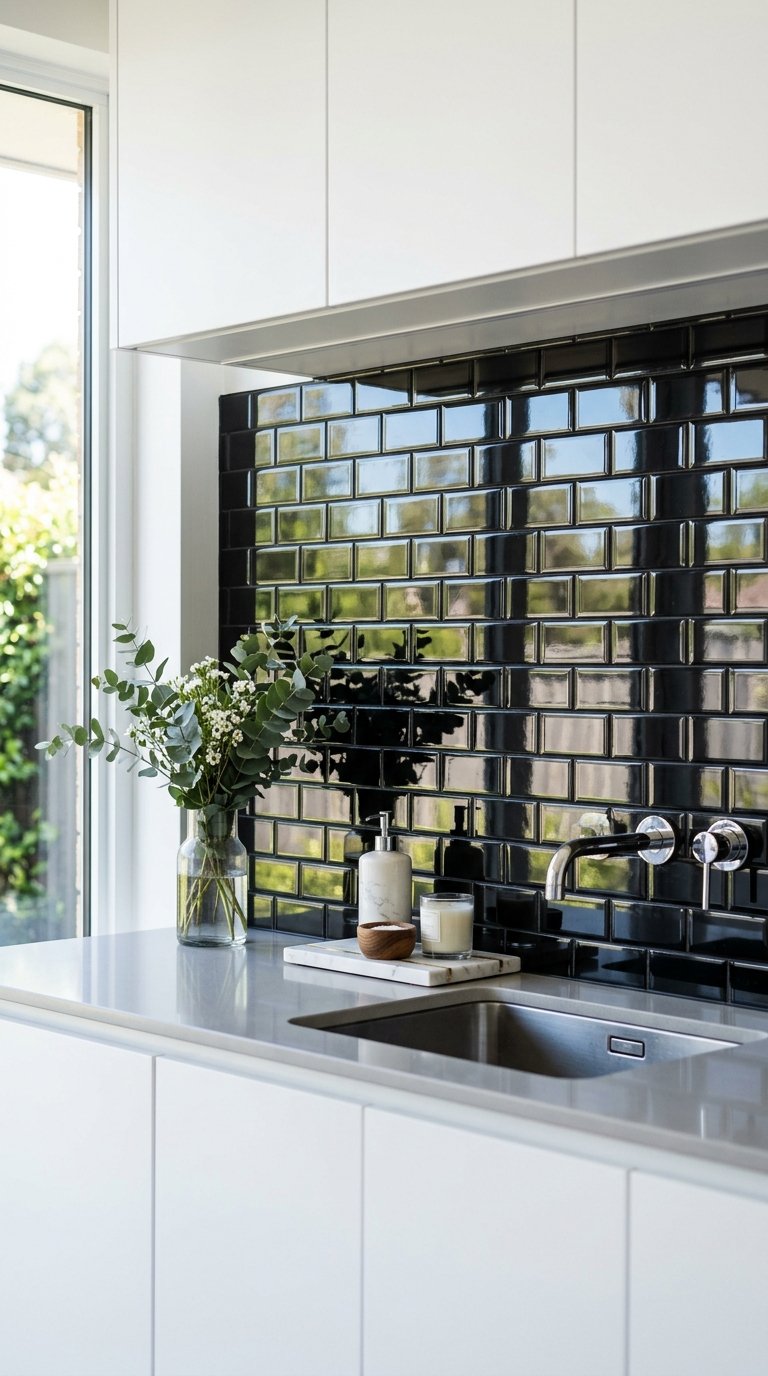 Black Glass Tile for a Reflective, High-Gloss Backsplash