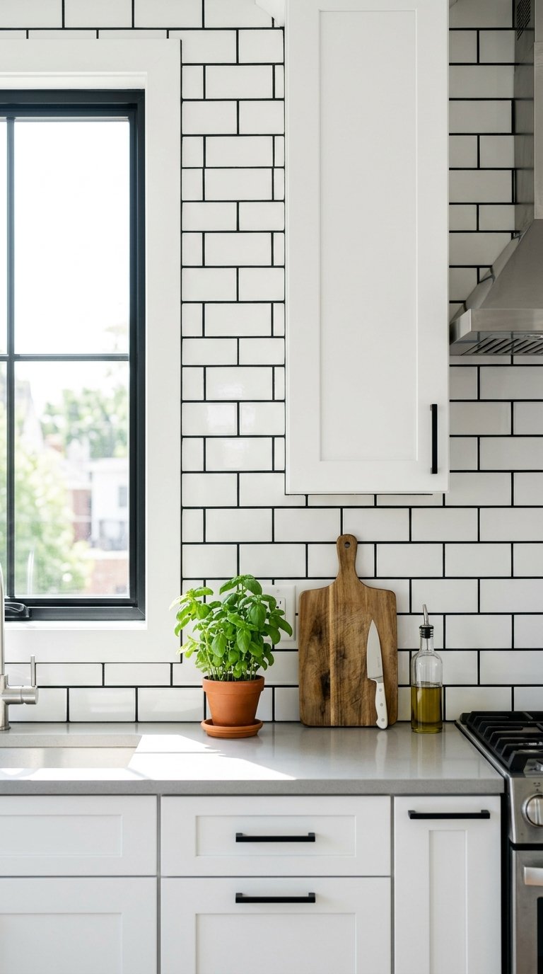 Black Grouted White Tile Backsplash for a Graphic Twist