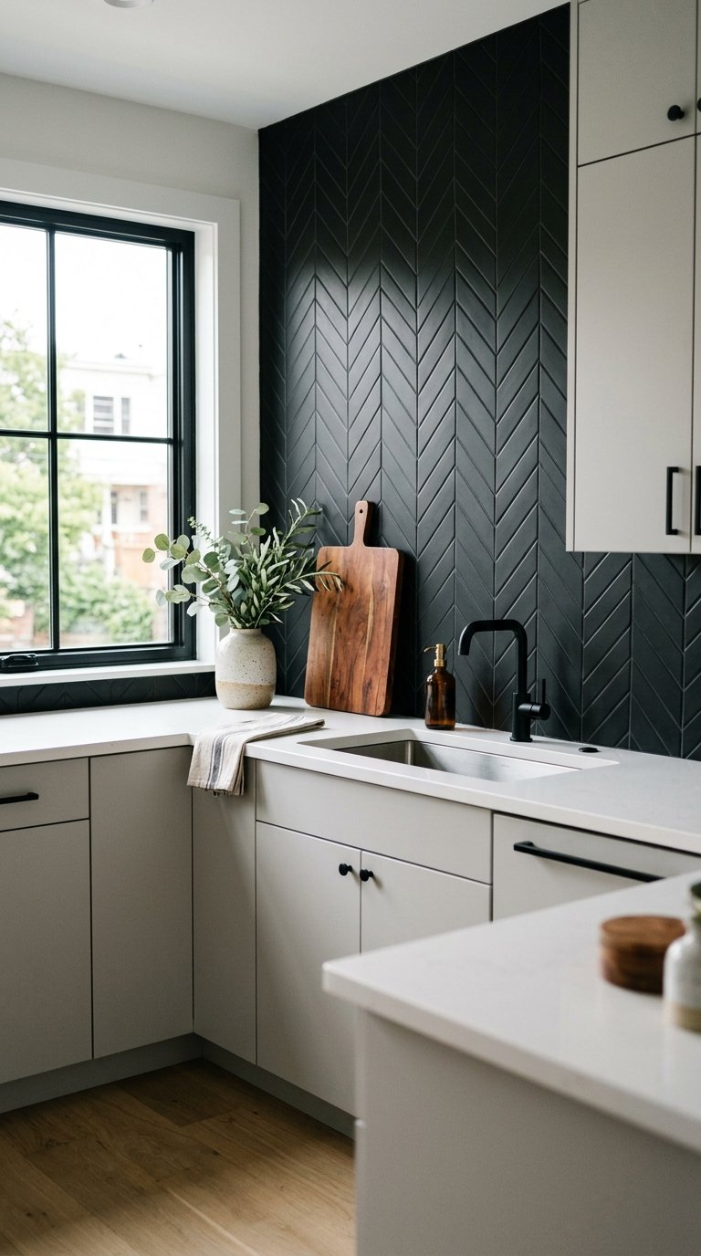 Black Herringbone Tile for a Directional Backsplash Pattern