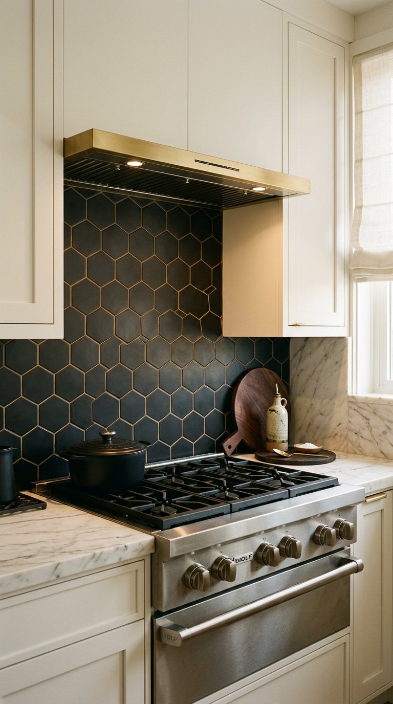 Black Hexagon Mosaic Tile Behind the Range