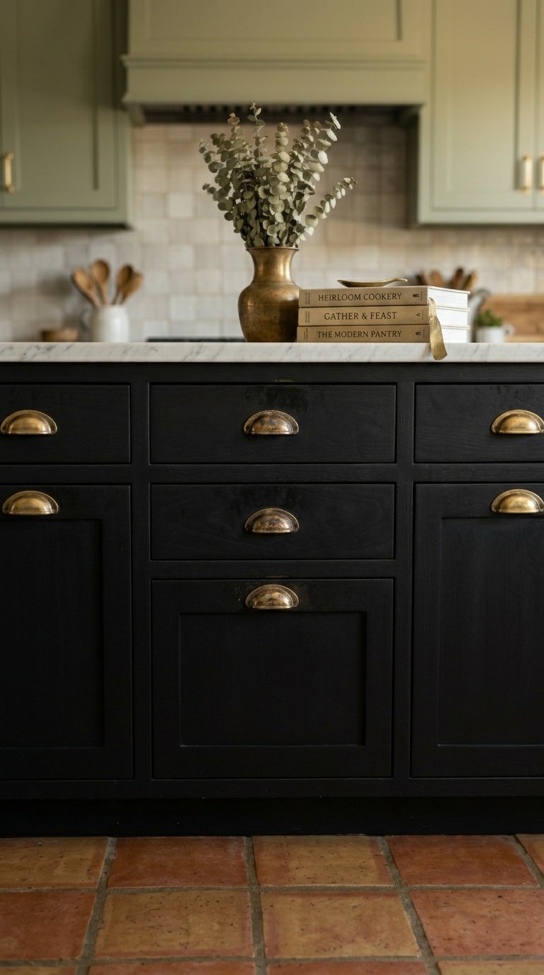 Black Island With Brass Hardware Accents