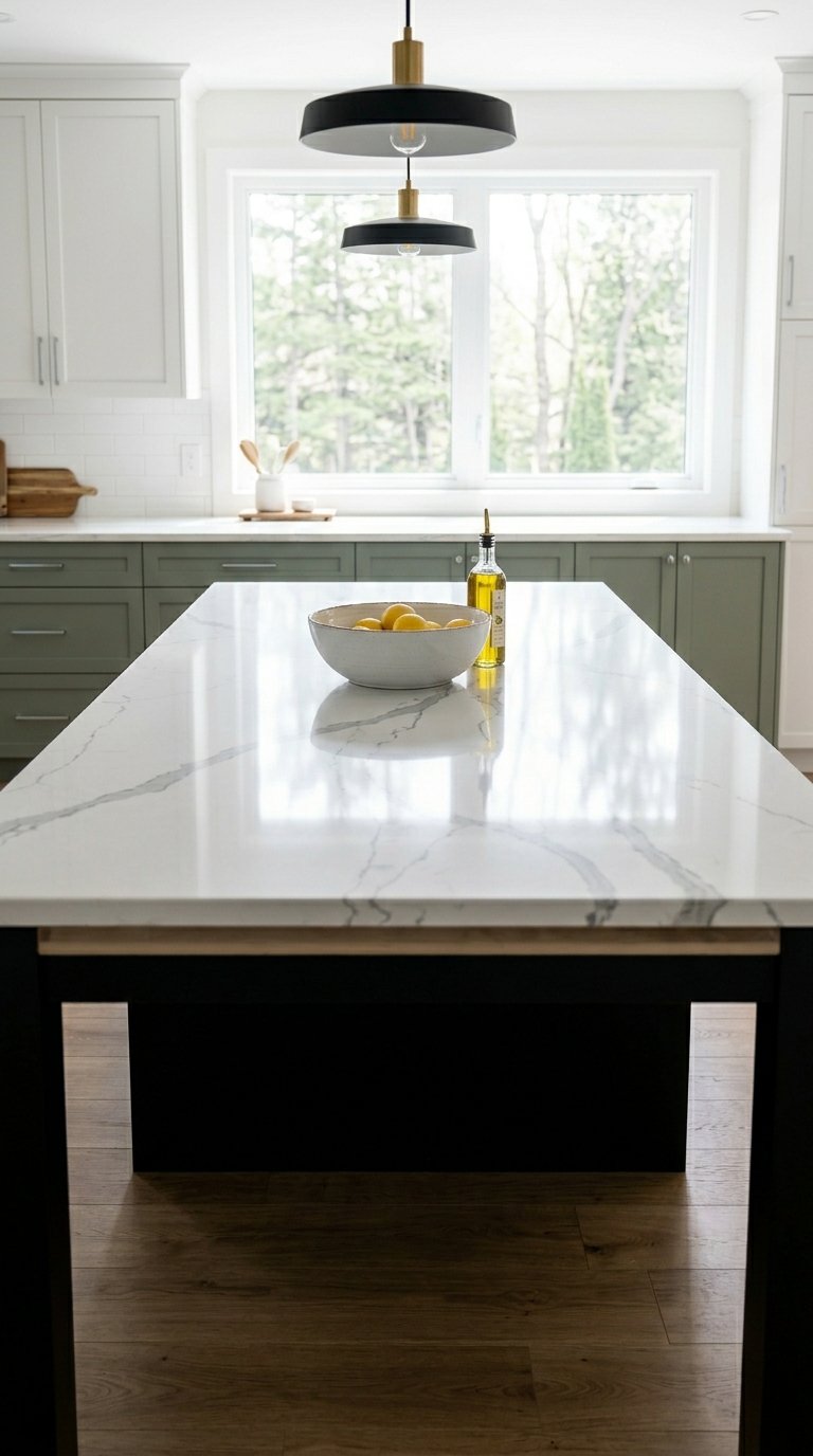Black Island With Marble-Look Porcelain Countertop