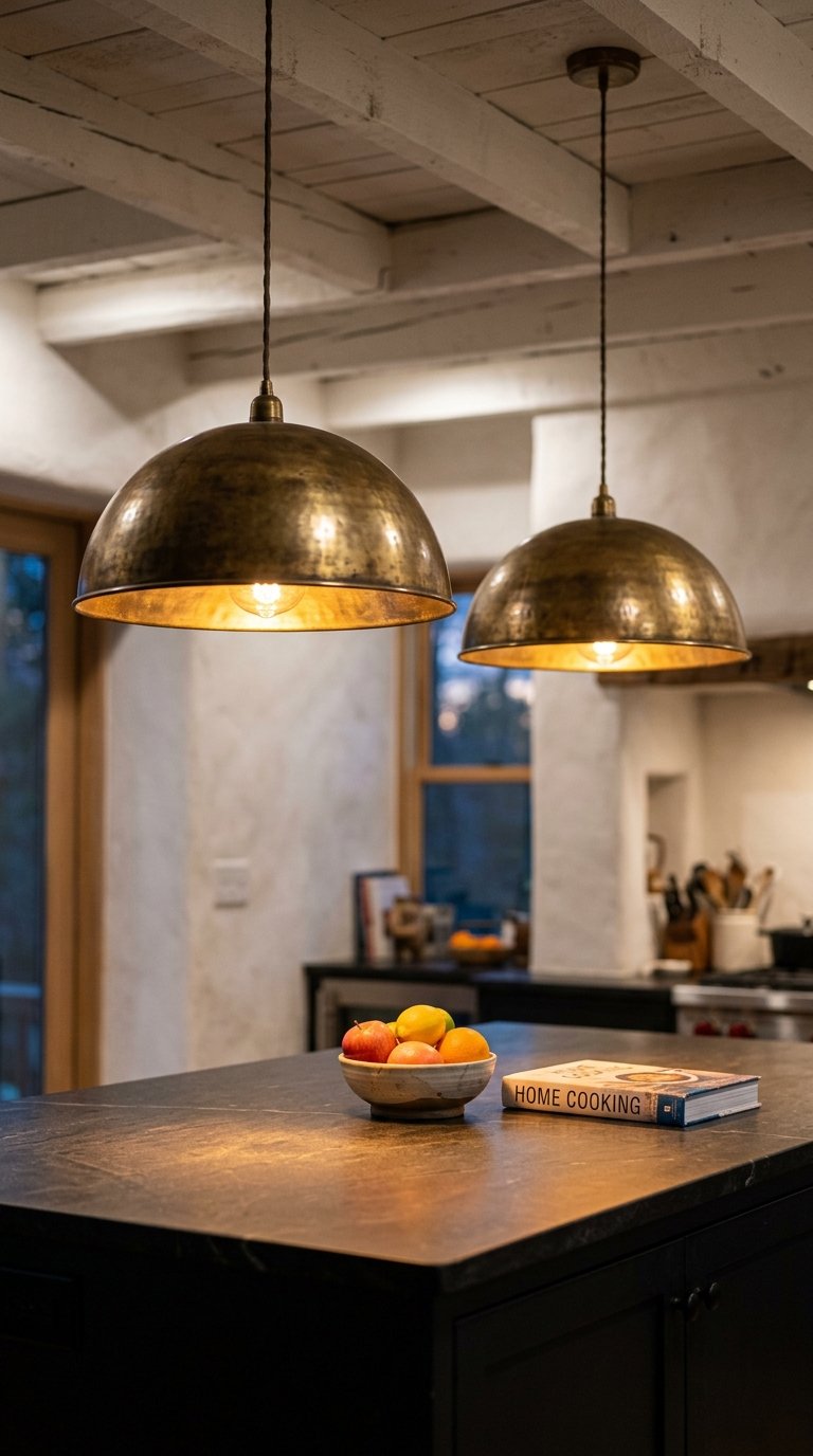 Black Island With Pendant Lights in a Contrasting Metal