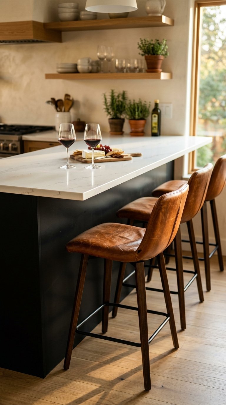 Black Island With Seating Overhang and Leather Bar Stools