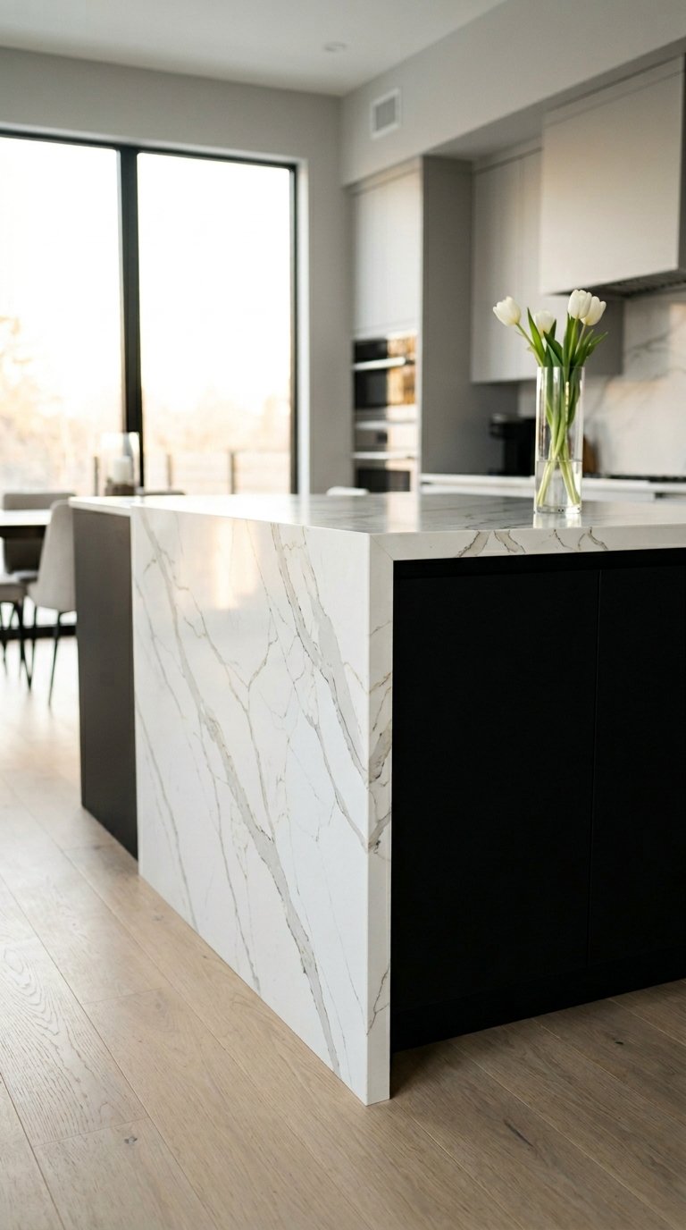 Black Island With Waterfall Marble Countertop