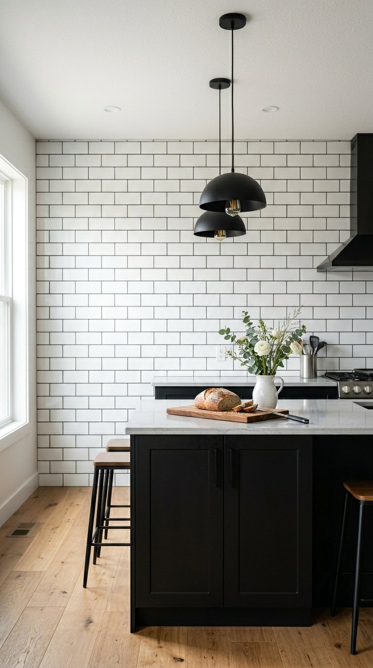 Black Island With White Subway Tile Backsplash Behind