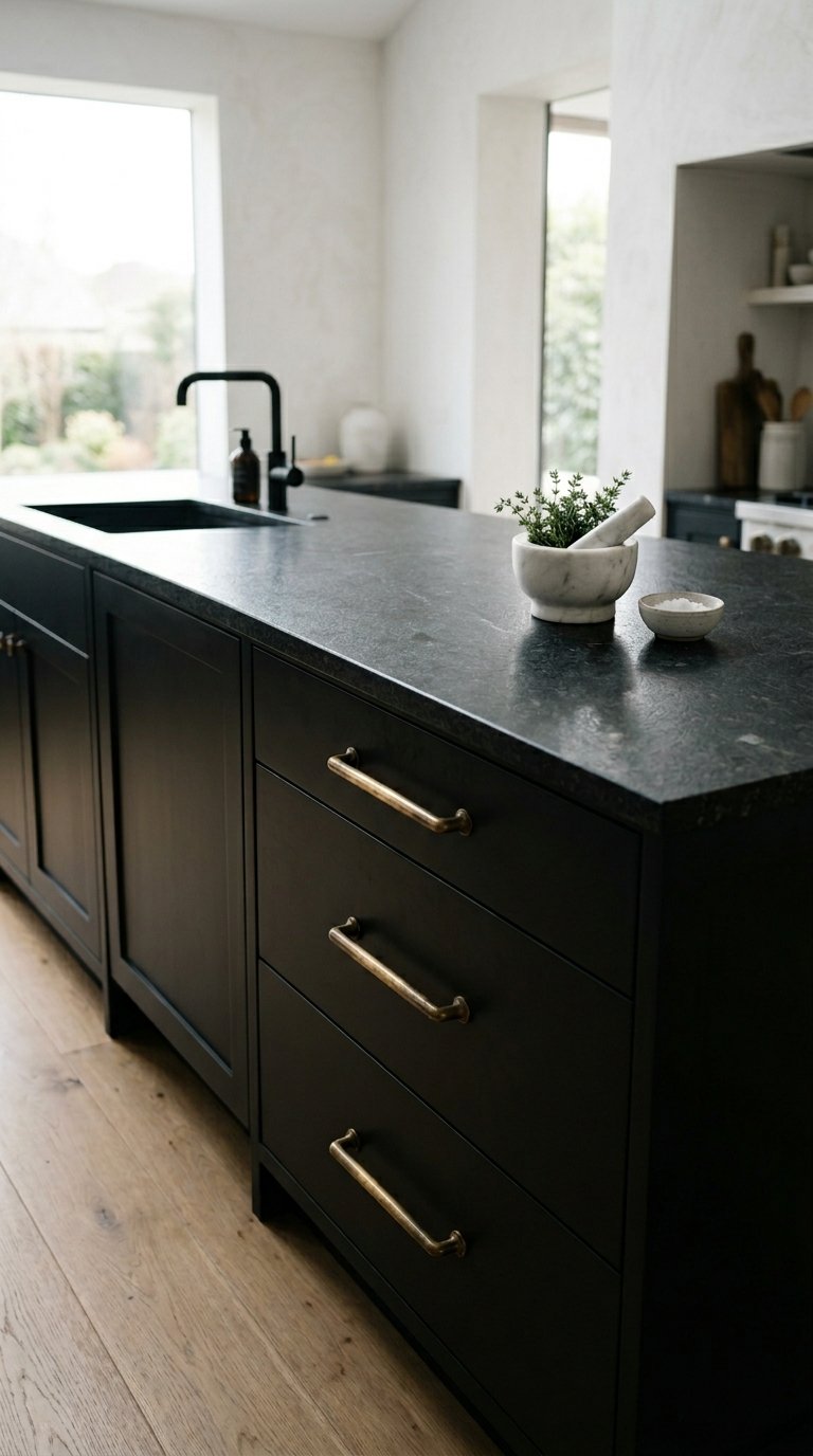 Black Island With a Honed Black Granite Countertop