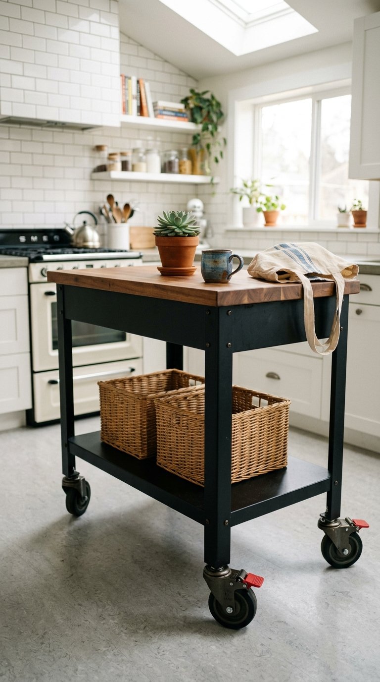 Black Kitchen Island on Casters for a Flexible Layout