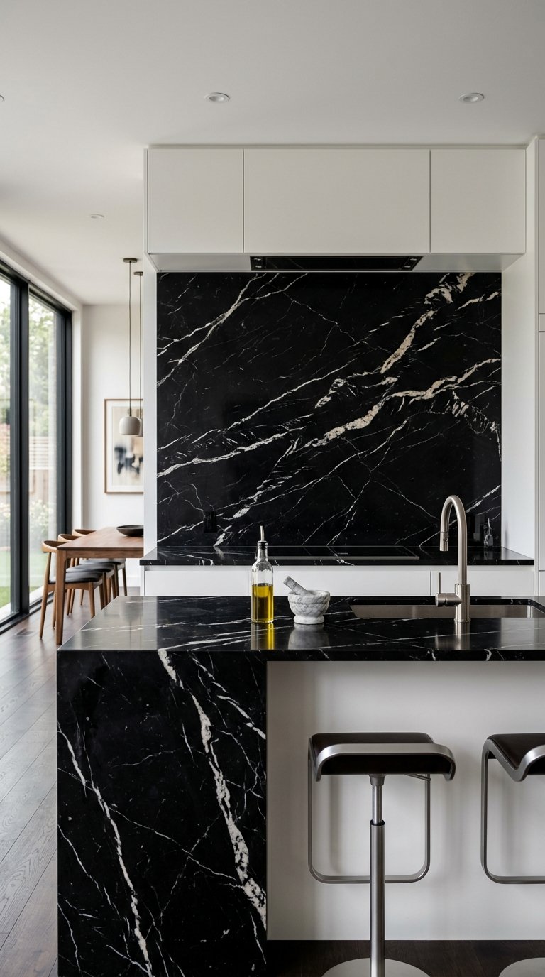 Black Marble Slab Backsplash for a Seamless, Luxurious Kitchen