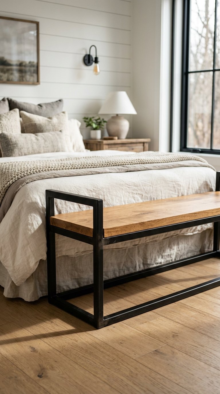 Black Metal and Wood Bench for a Modern Farmhouse Bedroom