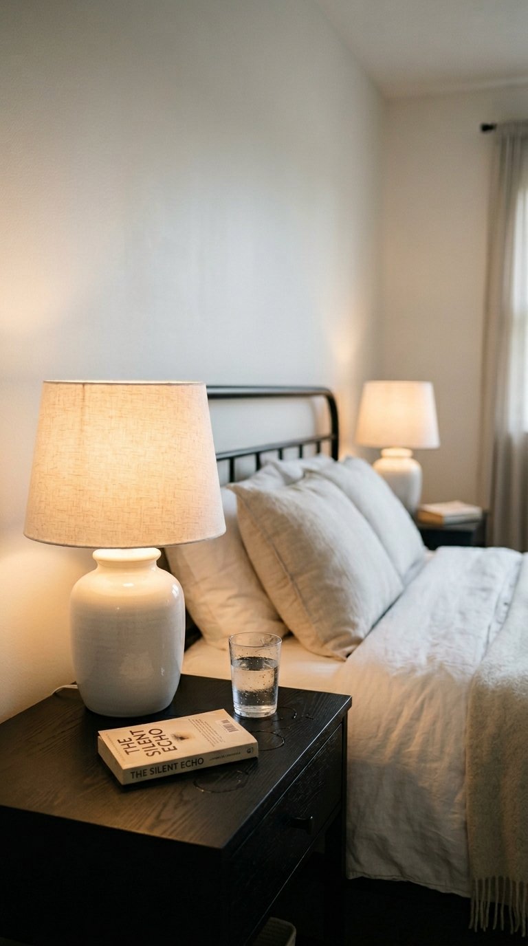 Black Nightstands With White Ceramic Table Lamps