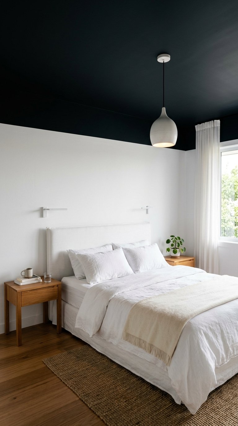 Black Painted Ceiling in a White Bedroom