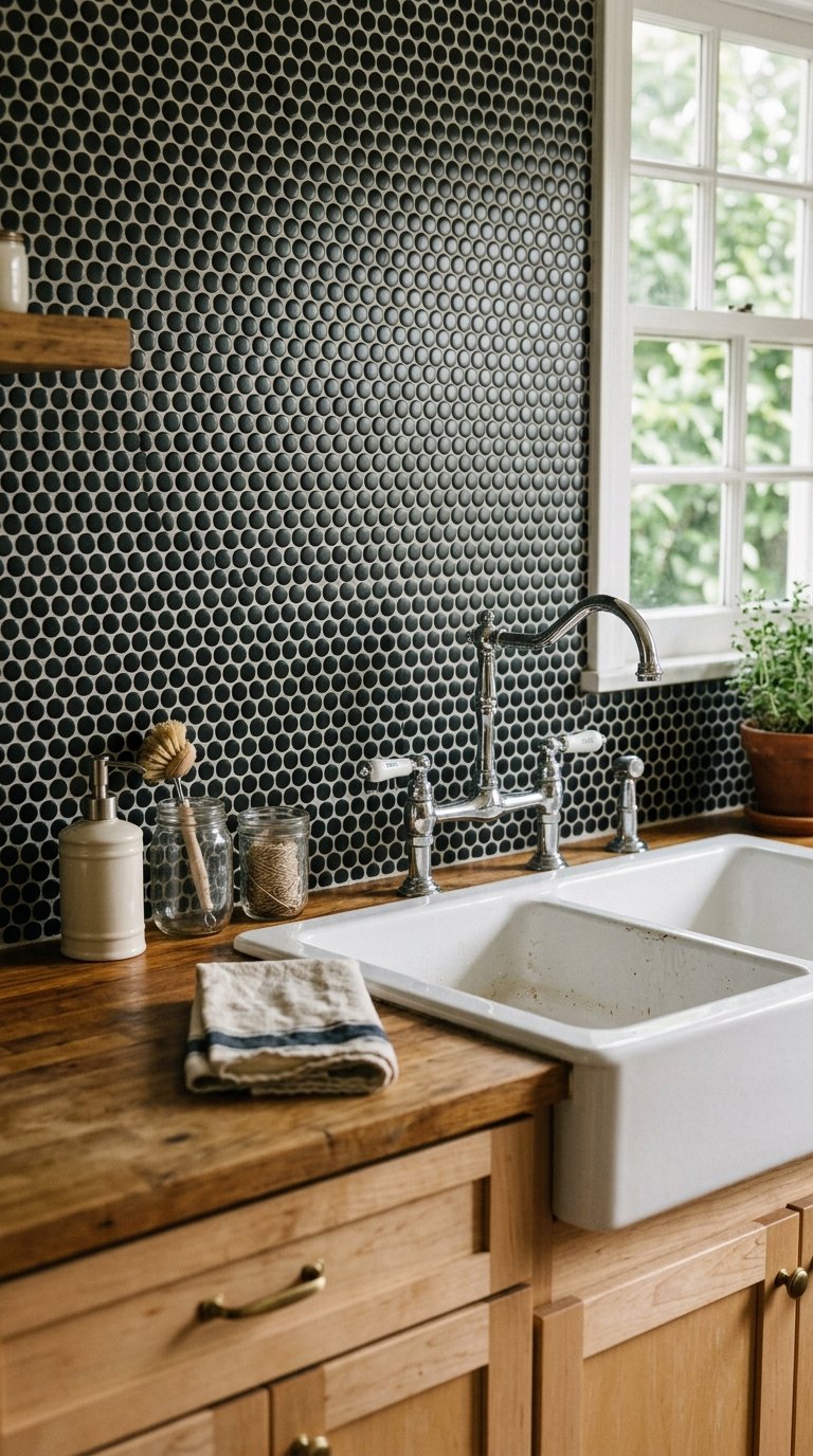 Black Penny Round Mosaic for a Retro, Textured Backsplash