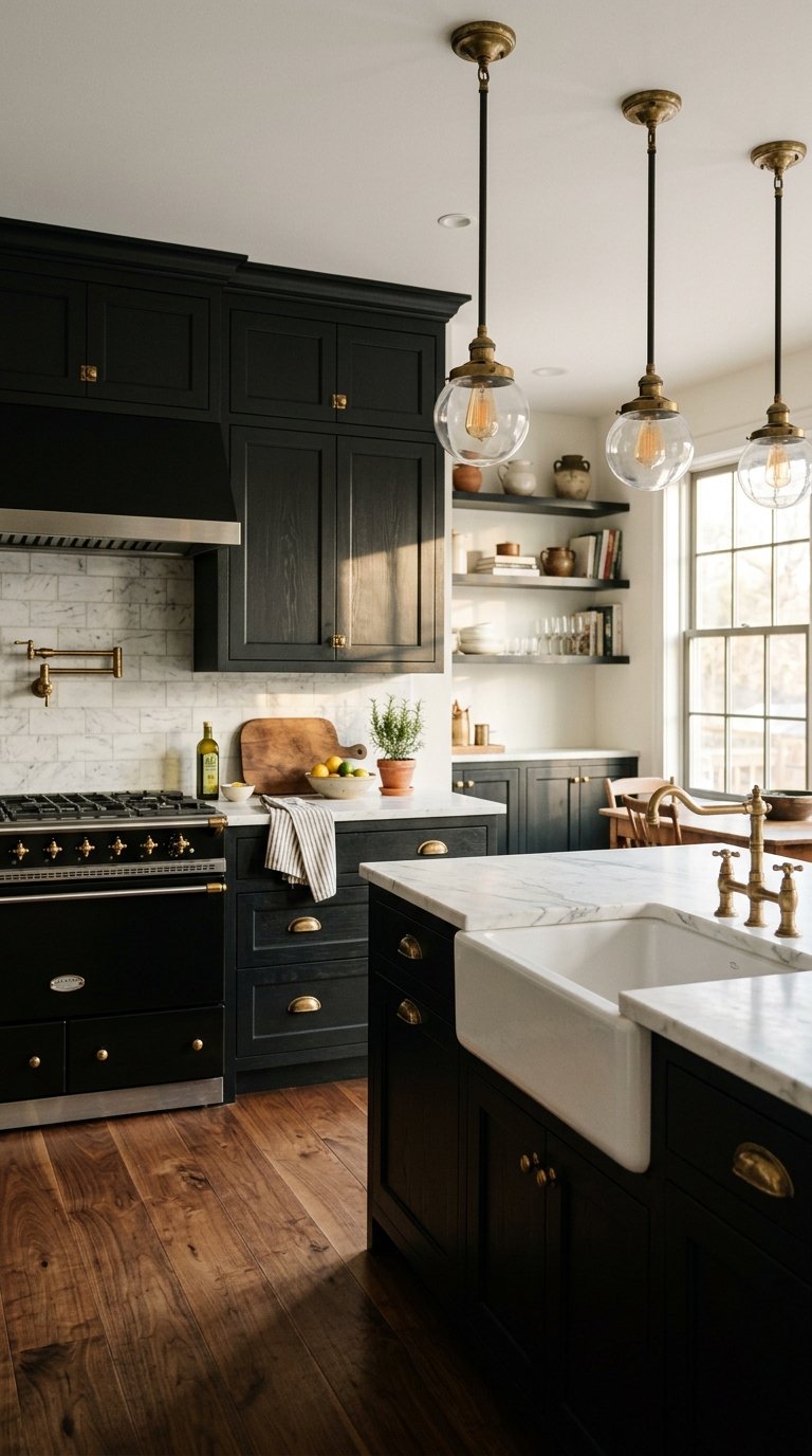 Black Shaker Cabinets With Brass Hardware