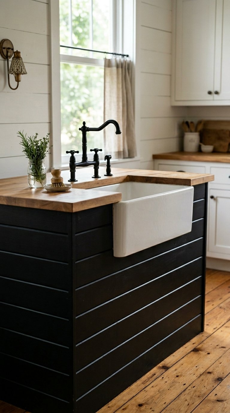 Black Shiplap Island Base With Farmhouse Sink