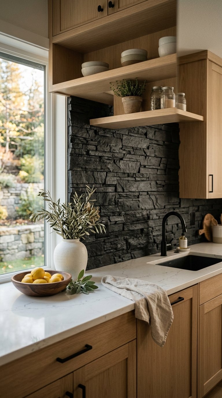 Black Stacked Stone Backsplash for a Natural, Textured Kitchen