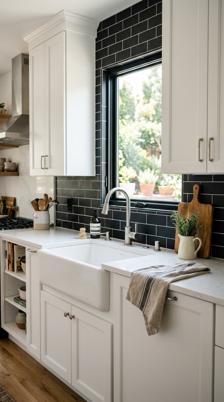 Black Subway Tile With White Cabinets for Maximum Contrast