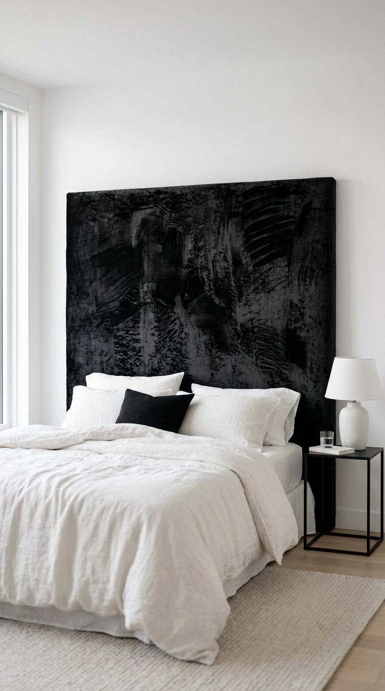 Black Velvet Headboard Against White Walls