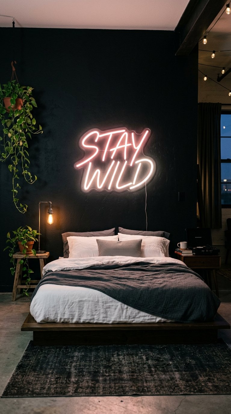 Black Walls With Neon Sign Accent Lighting