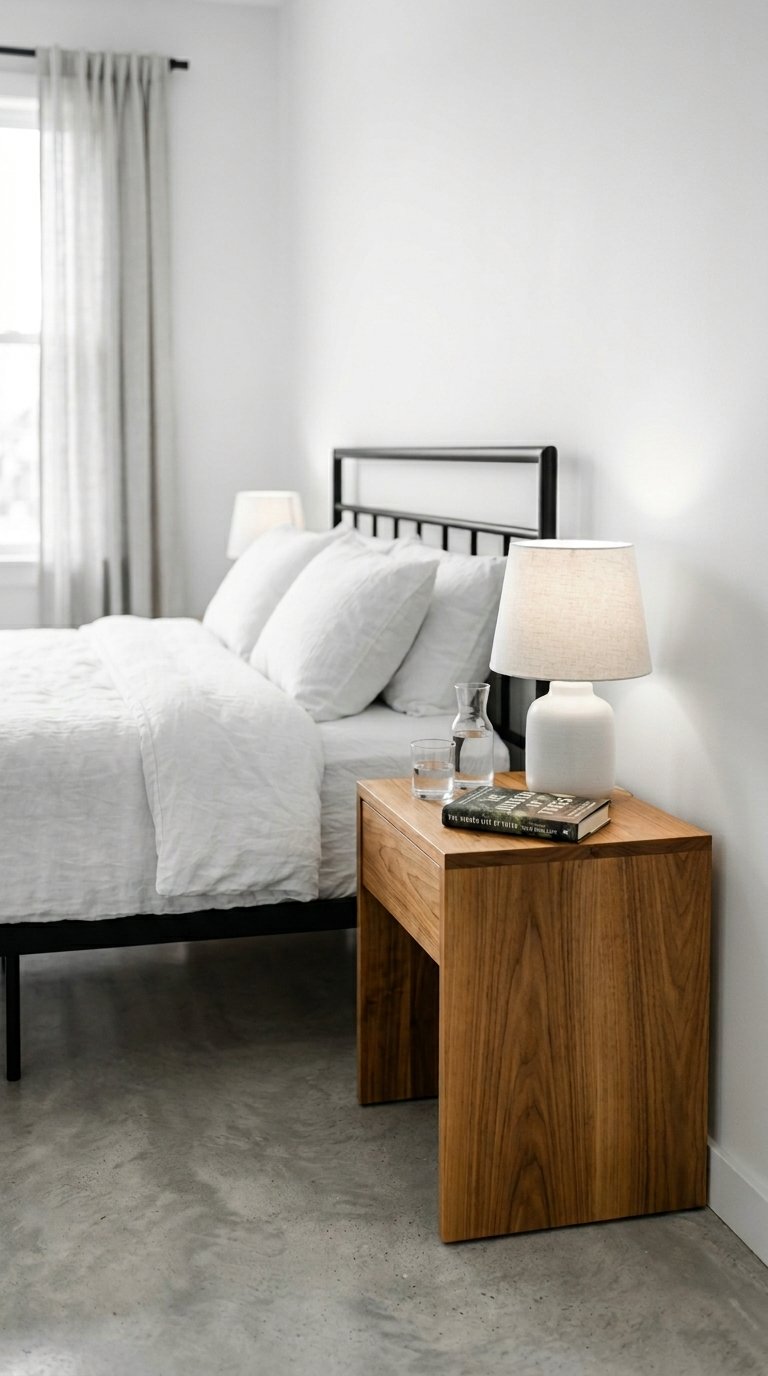 Black and White Bedroom With a Single Natural Wood Accent