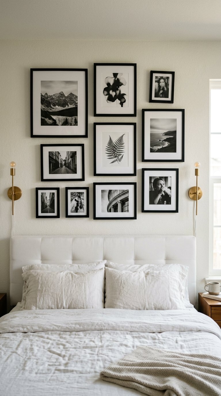 Black and White Gallery Wall Above the Bed