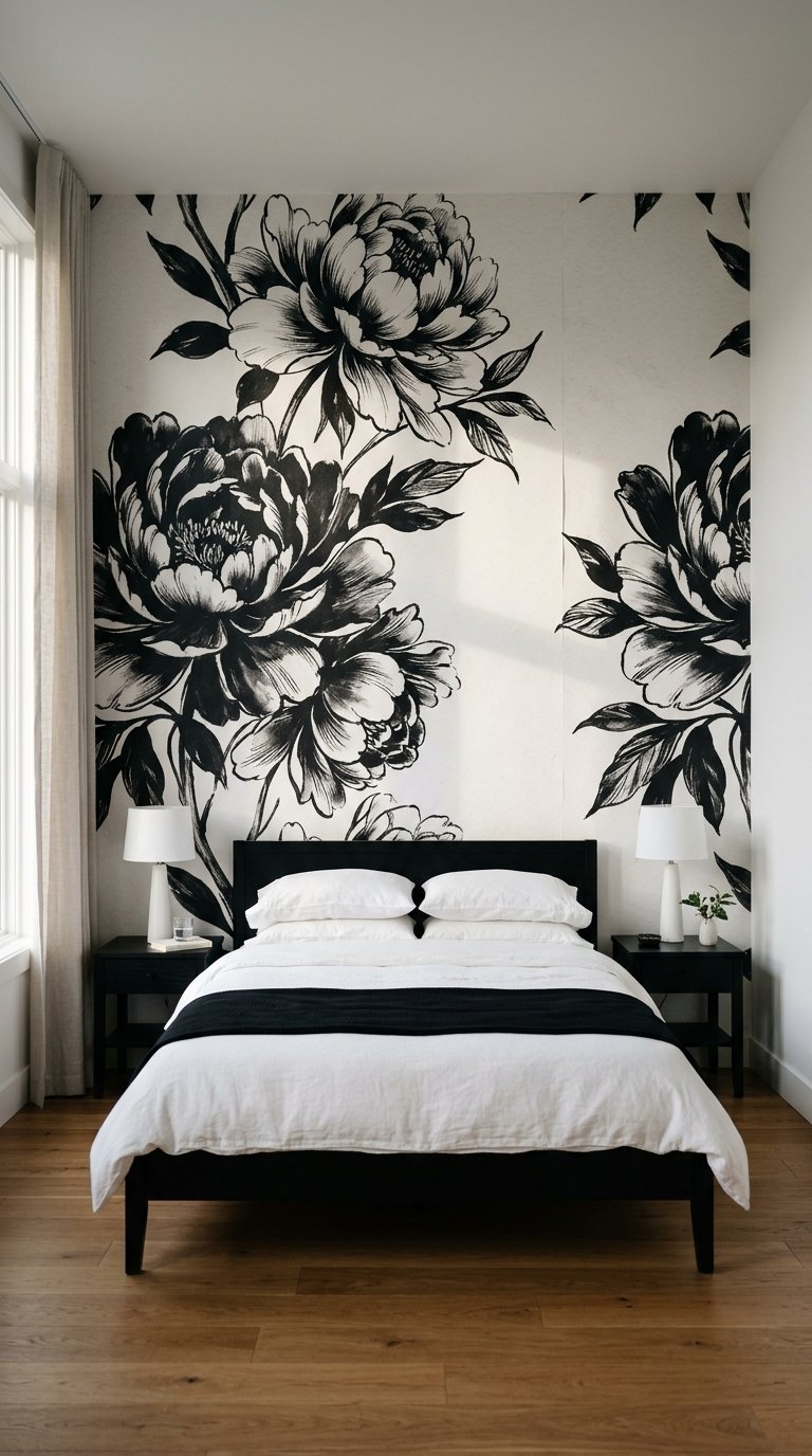 Black and White Wallpaper on a Single Bedroom Wall