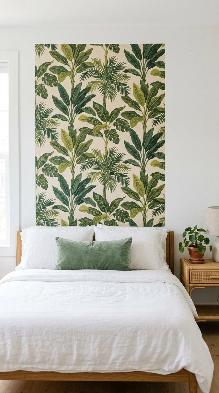 Botanical Print Wallpaper Panel Behind the Bed