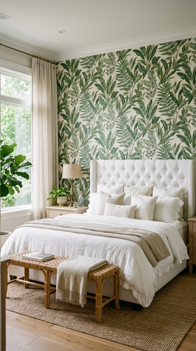 Botanical Wallpaper in Green and White Across a Single Wall